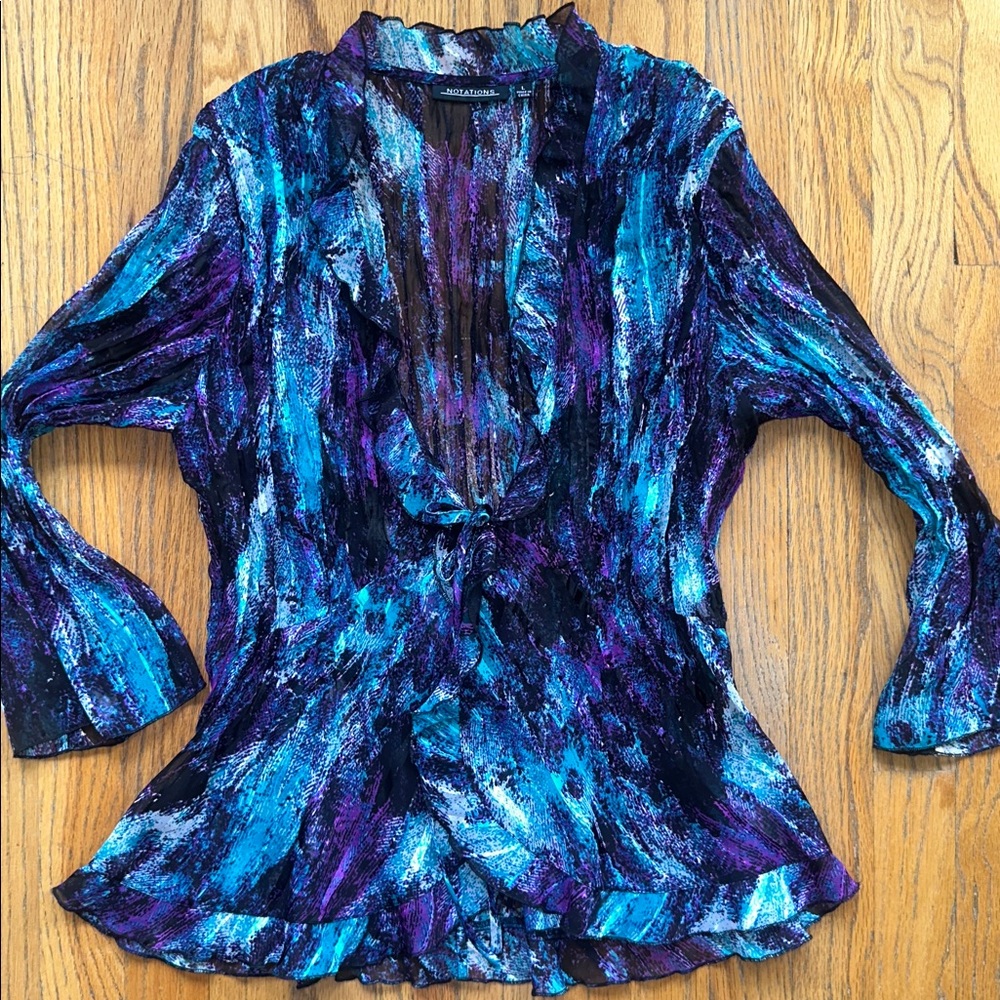 Notations Teal Blue Purple Metallic Sheer Cowl Neck Blouse - Picture 2 of 8